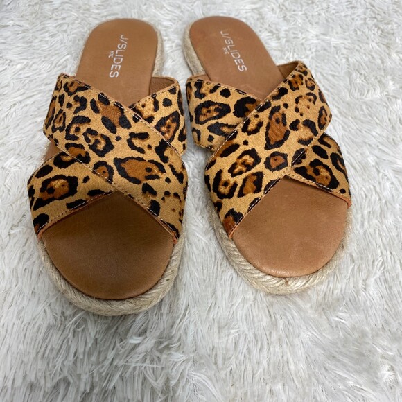 J/Slides New York Leopard Print Calf Hair Leather Cross Strap Slides Size 7 - Picture 4 of 9